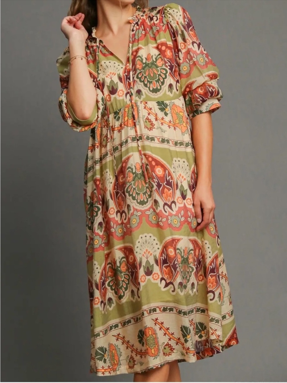 Umgee Olive Green Multi-Color Paisley Midi Dress
